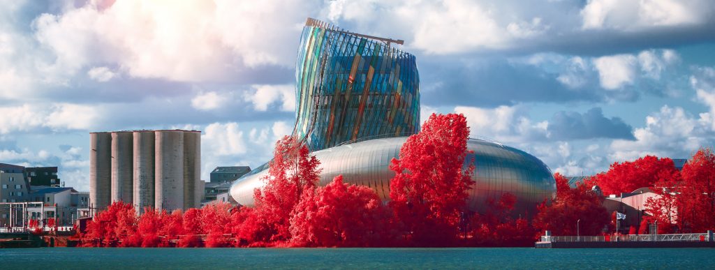 Image of la cite du vin with red leaves and blue sky